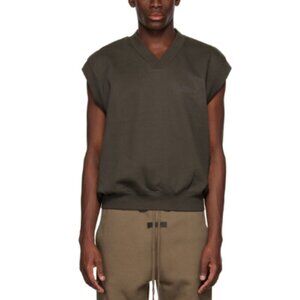 Fear Of God Mens Large Essentials Vneck Fleece Dark Olive Vest